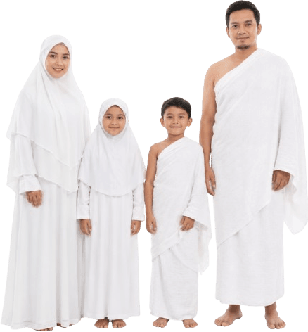 A family dressed in Ihram, ready for Hajj